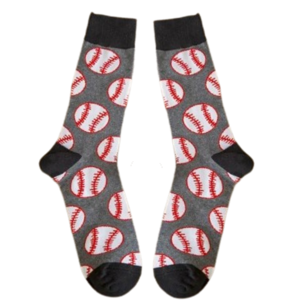 Gray baseball-themed socks with red stitching pattern in large size