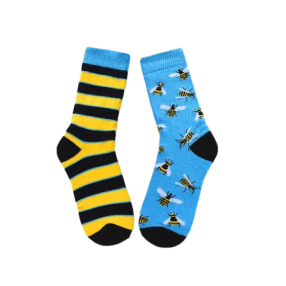 Bee odd socks one striped one bee print laid flat on a white background