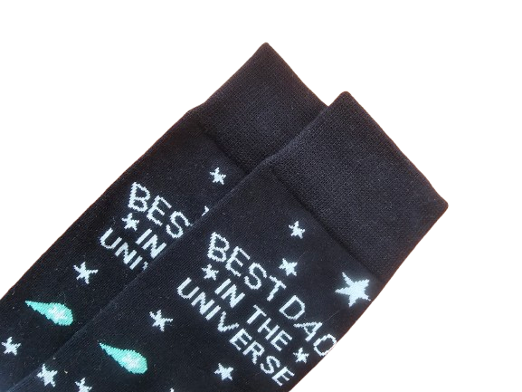Close up image of best dad in the universe socks cuff