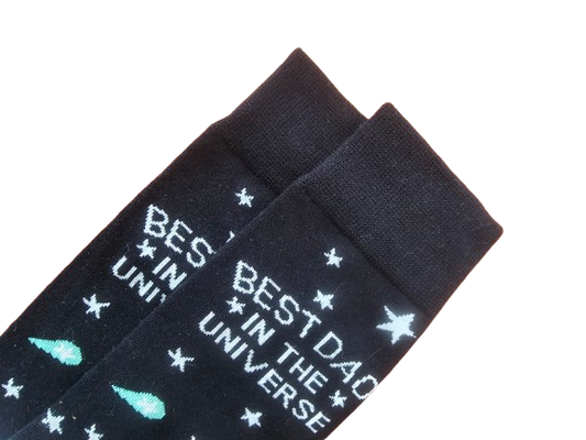 Close up image of best dad in the universe socks cuff
