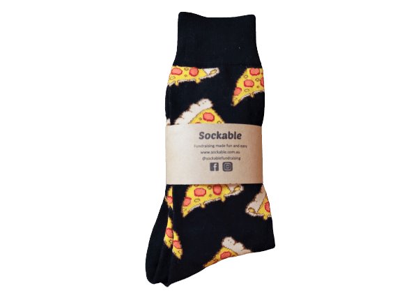 Black pepperoni pizza socks with recycled card label ready for gifting or fundraising