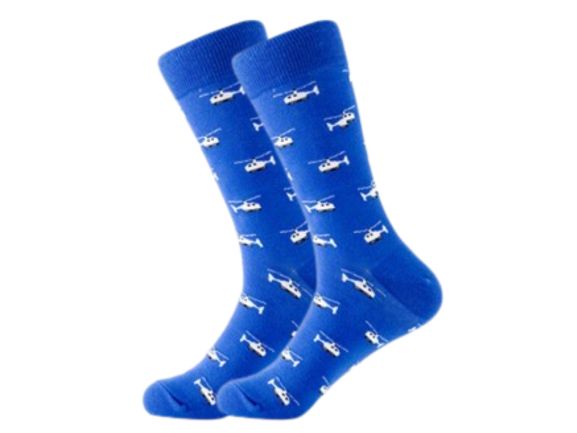 Blue socks with while helicopters on a mannequin