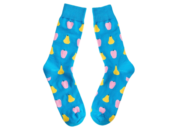 Blue crew socks with apple and pear design laid flat