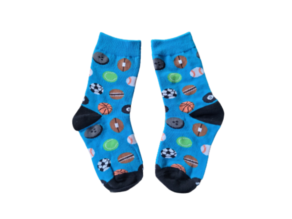 Blue socks featuring designs of different sports for kids