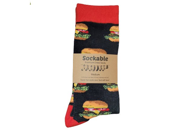 Burger socks with recycled card label ready for gifting or fundraising