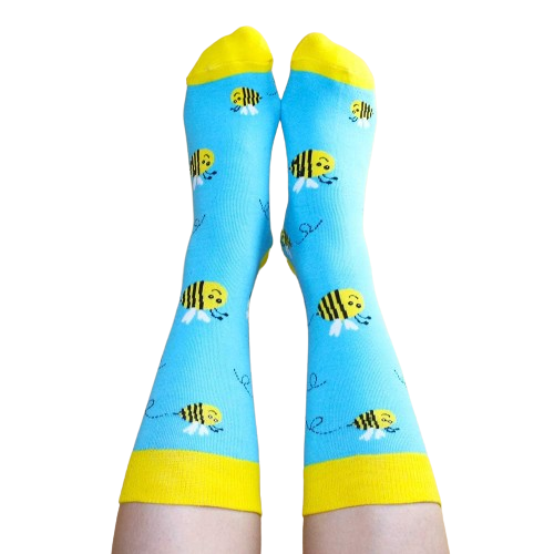 Buzzy bee socks worn by model