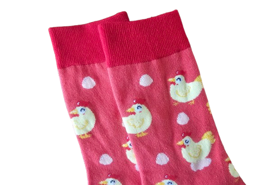 Closeup of chicken and egg sock design and cuff