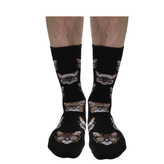 Model wearing clever puss cat socks in black