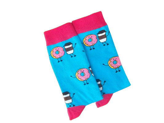 Coffee and donut themed novelty socks for gifting or fundraising