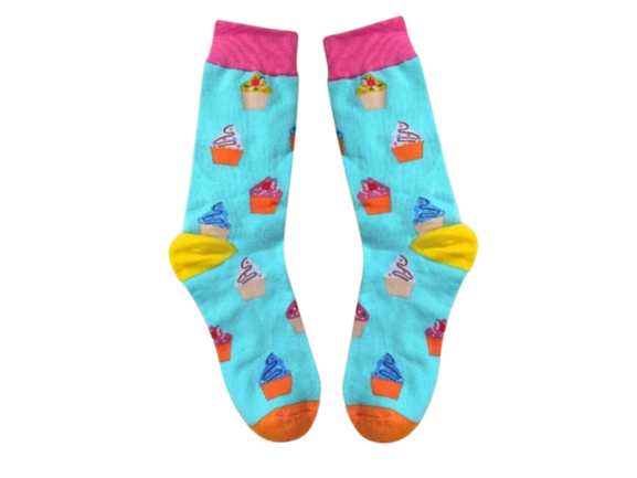 Blue cupcake socks with pink, orange and yellow trim laid flat on white background