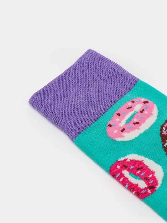Close up of purple cuff of donut miss this socks