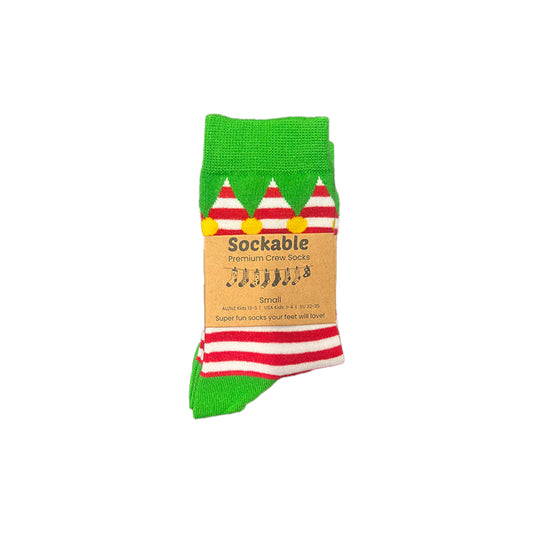 Sockable premium crew sock with green top and red and white striped bottom on a white background