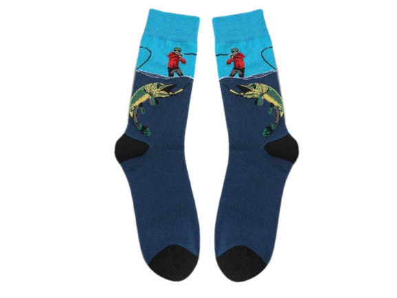 fishing socks with fisherman and fish designs in blue tones laid flat on white background