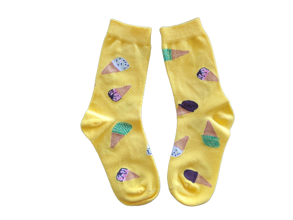 Yellow kids socks with pink ice cream print – size smal laid flat