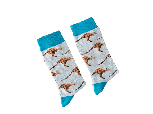 Pair of socks with kangaroo pattern and blue cuffs and toes on a white background