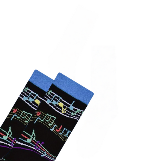 A close up image of the top of black socks with colourful musical notes with a blue cuff, laid flat, on a white background.