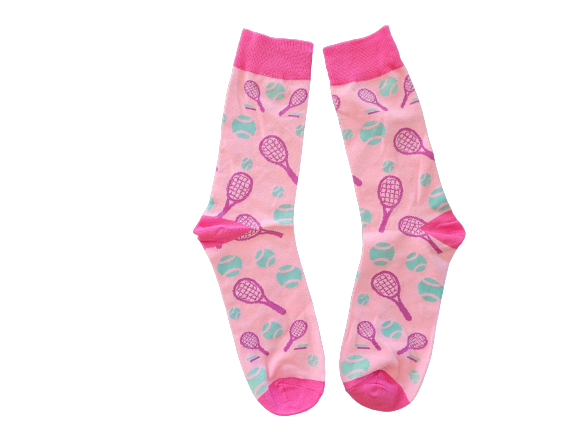 Pink socks with tennis rackets and tennis balls
