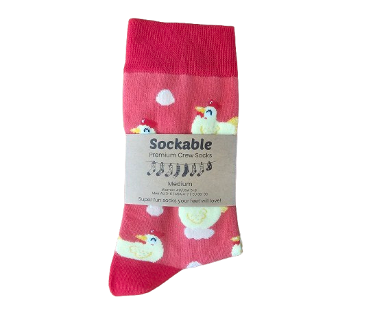 Red chicken socks labelled with recycled card ready for gifting or fundraising