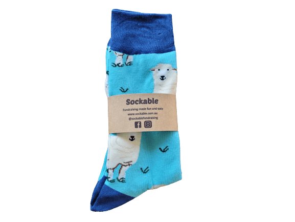 Blue Sally Sheep socks labelled