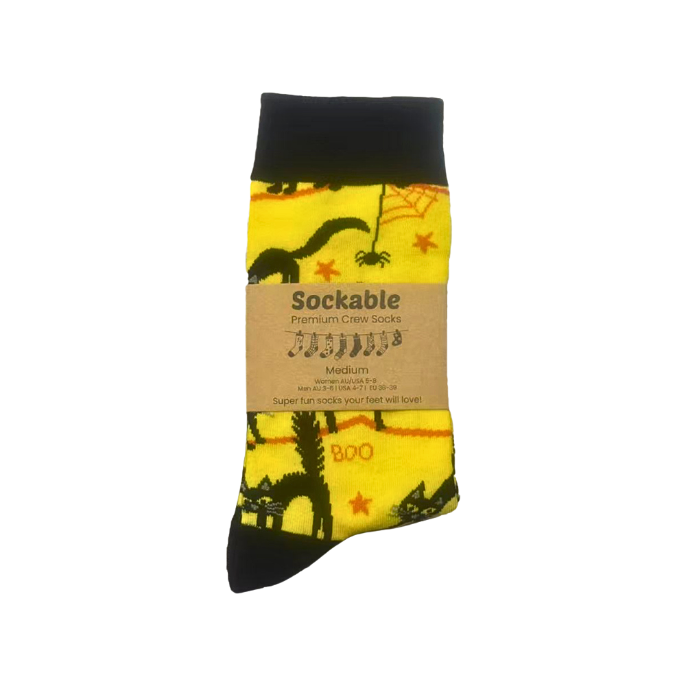 Sockable premium crew socks with a Halloween cat design on a white background