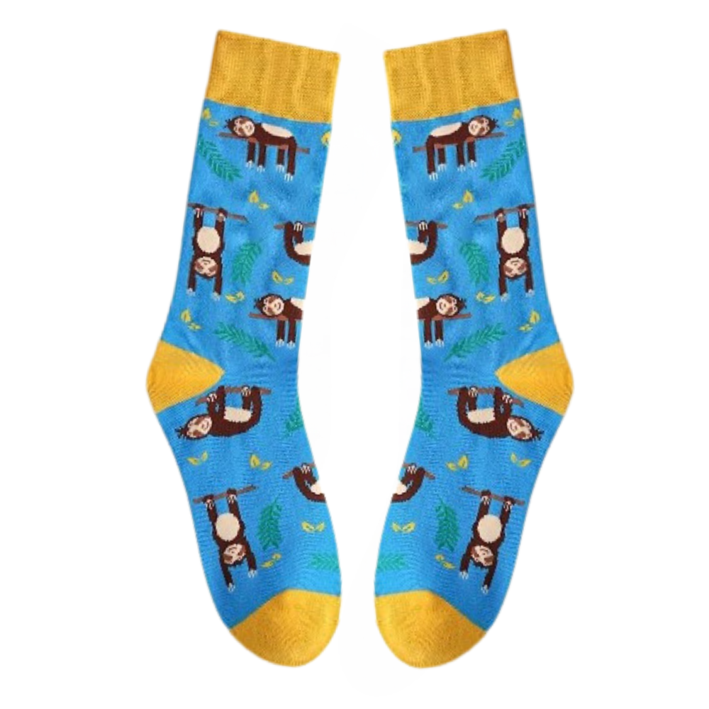 Medium crew socks with playful sloth design laid flat on a white background – cozy and fun socks for animal lovers or fundraisers