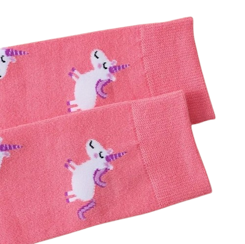 Close up of the cuff and tube of pink unicorn socks laid flat