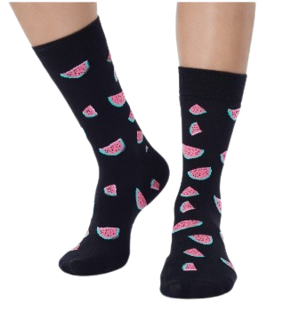 Black socks with watermelon slice design worn by model