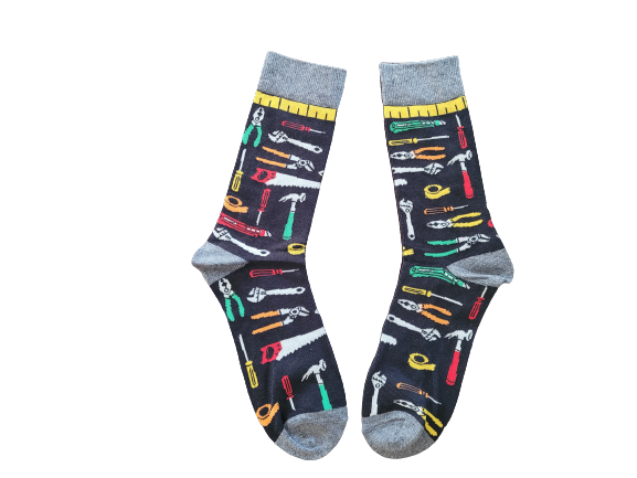 Black crew socks with colorful tools like hammers, saws, and wrenches