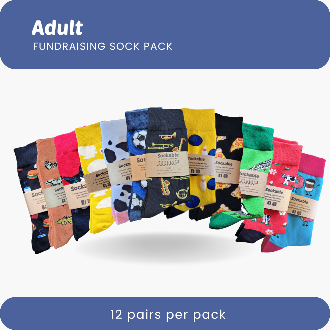 Adult Fundraising Sock Pack showing 12 pairs of colourful novelty crew socks with various patterns including food, animals, and sports, each wrapped in a Sockable kraft label