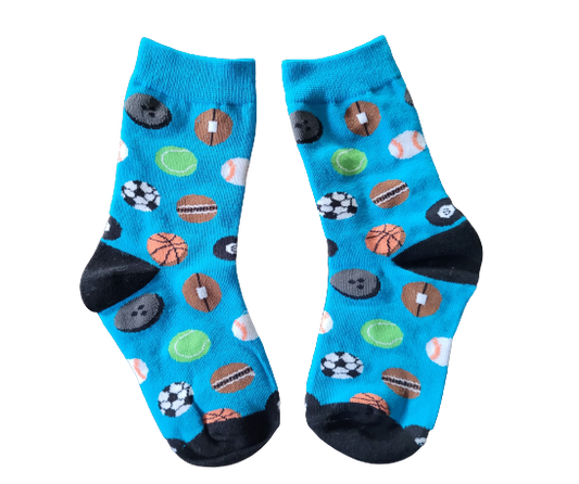 Blue socks for kids featuring sports designs including bsaketball, soccer, ten pin bowling, football, snooker and tennis.