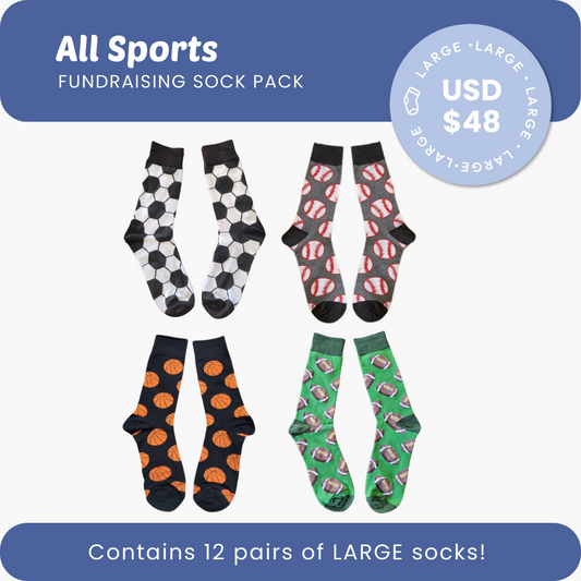All Sports Fundraising Sock Pack featuring four designs of sports socks, basketball, baseball, football and soccer.
