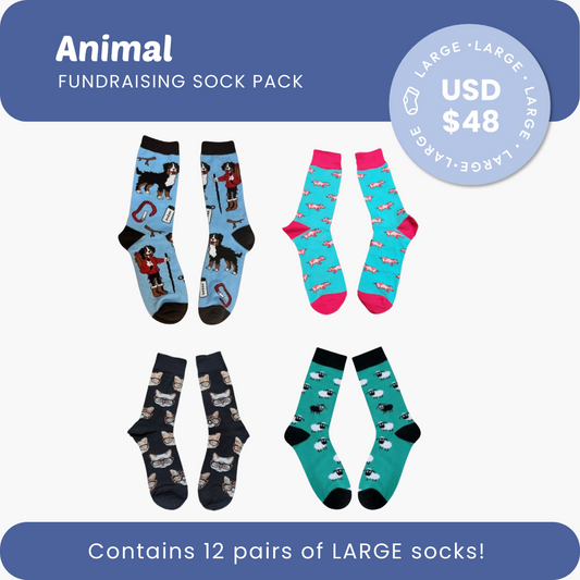 Fundraising Sock Pack containing 12 pairs of socks in animal prints.