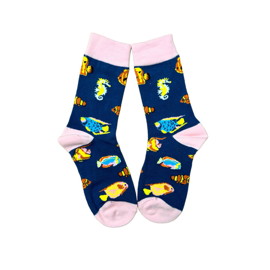 Pair of socks with fish pattern on a white background