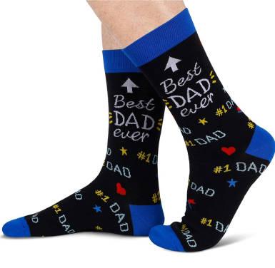 Model wearing black Best Dad Ever socks with blue trim