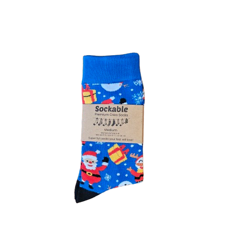 Packaged pair of socks with Santa Claus design on a white background