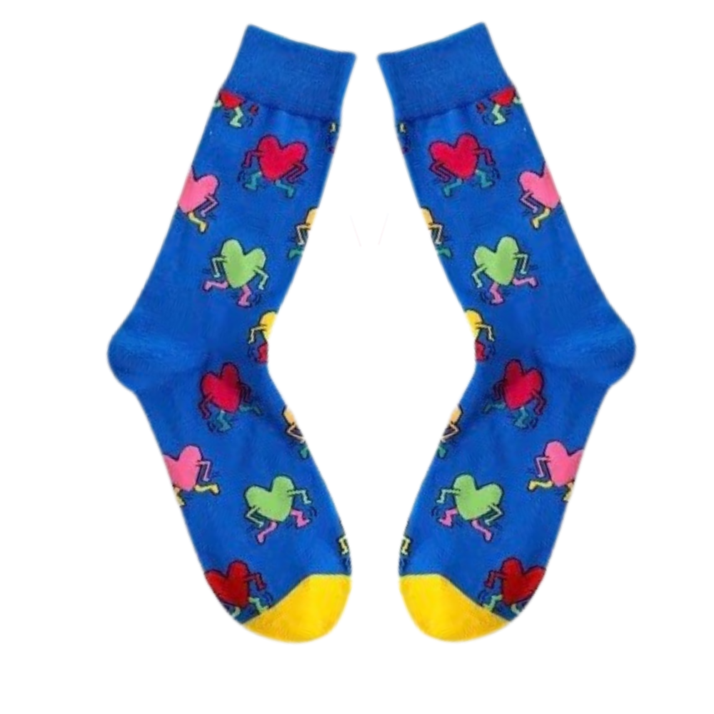 A pair of blue socks with a colorful heart pattern, including various shades of red, green, and yellow hearts.