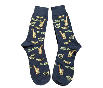 Brass band socks featuring trumbone, horn, trumpet and saxophone.
