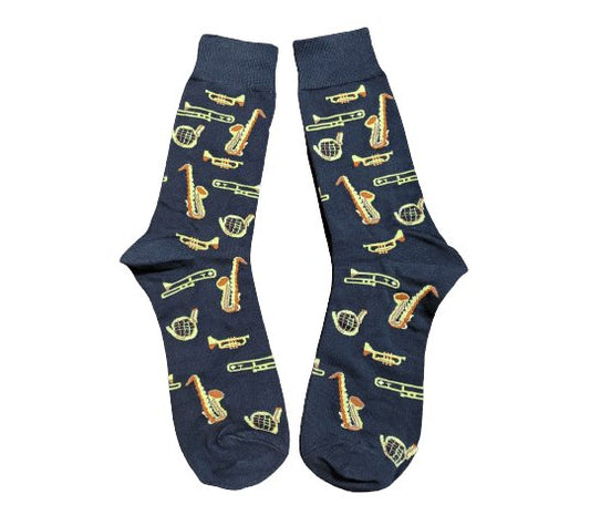 Brass band socks featuring trumbone, horn, trumpet and saxophone.