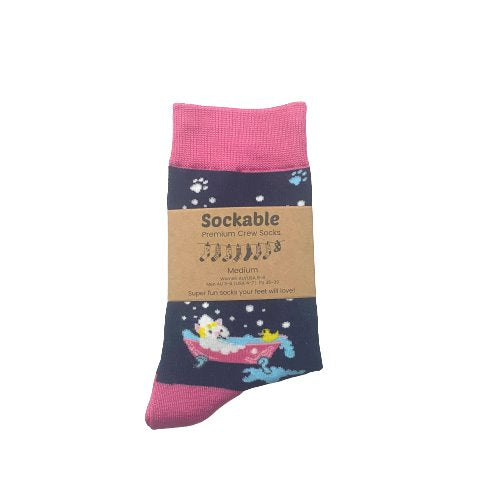 Sockable premium crew sock with pink top and blue background featuring cats in a bubble bath on a white background