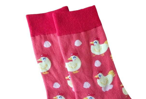 Closeup of chicken and egg sock design and cuff