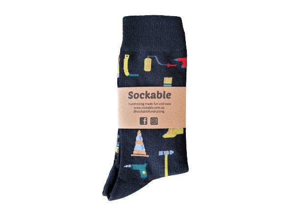 Construction Socks labelled with recycled card ready for gifting or fundraising