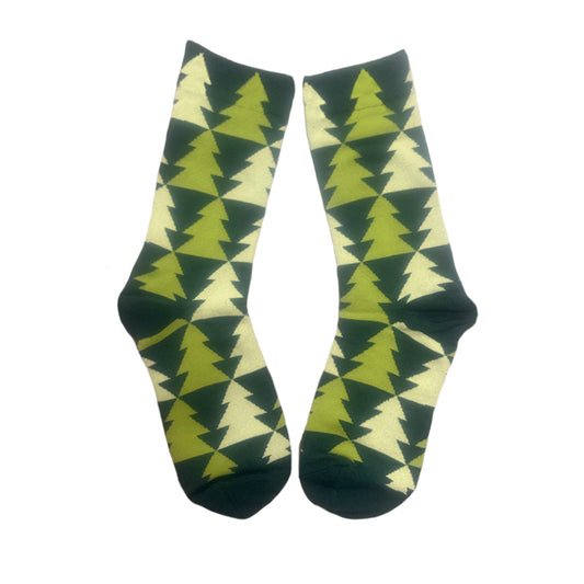 Pair of socks with green and yellow geometric pattern on a white background