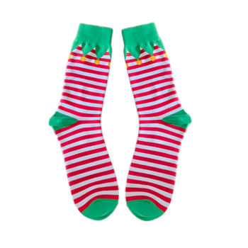 Red and green striped socks with green toes and cuffs on a white background