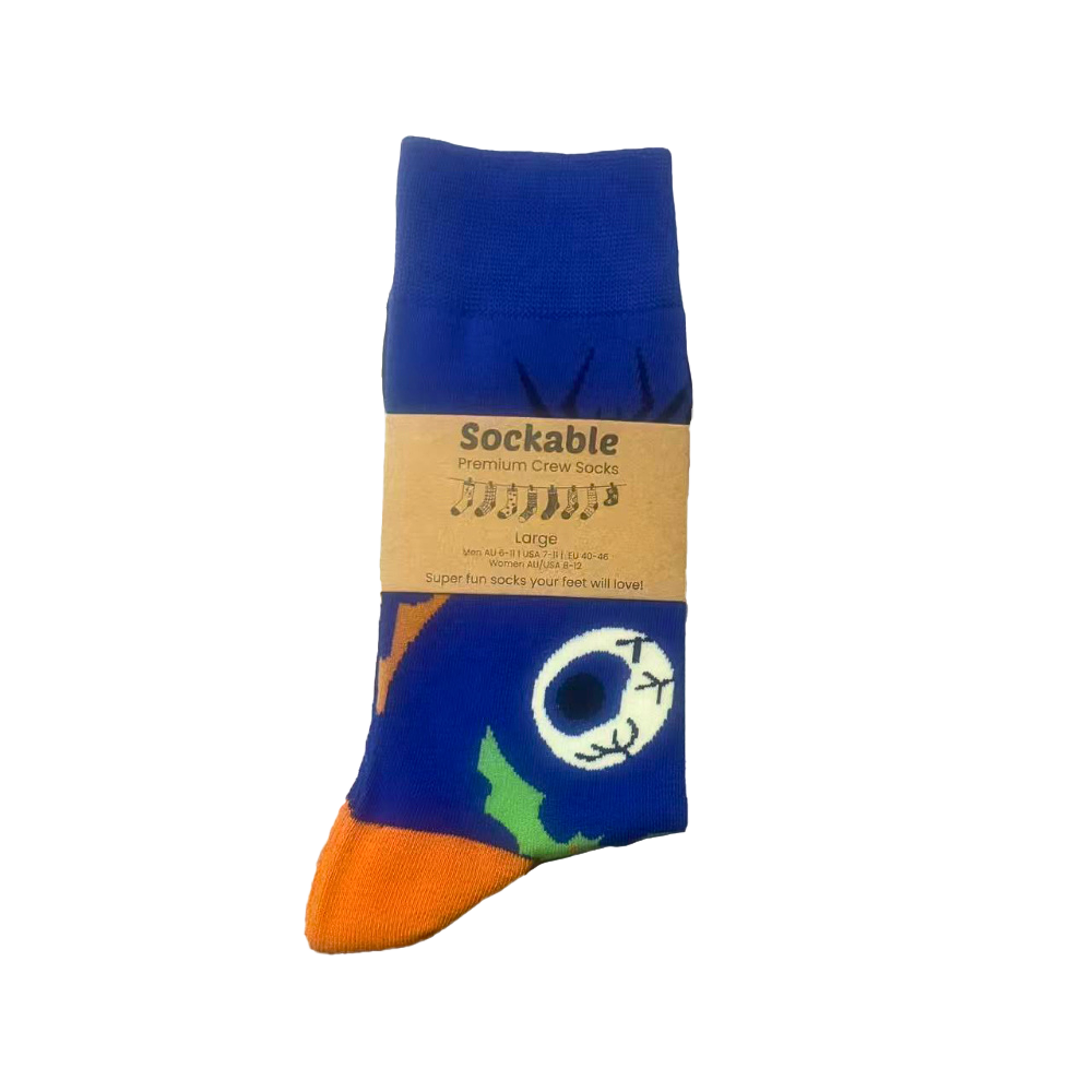 Blue and orange Halloweensock with a label on a white background