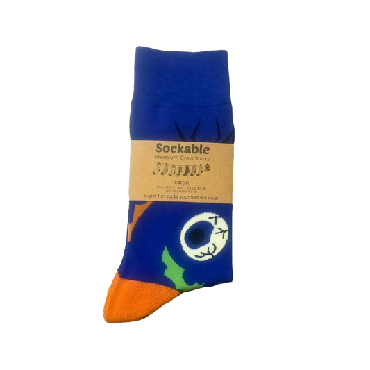 Blue and orange Halloweensock with a label on a white background