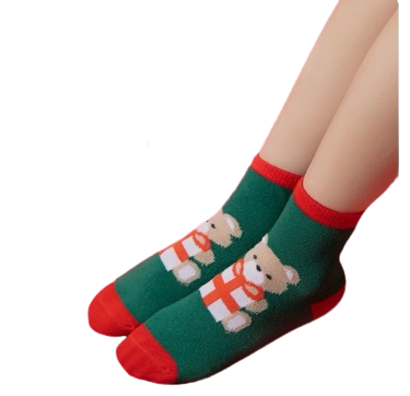Green socks with bear design and red accents worn by a child on a white background