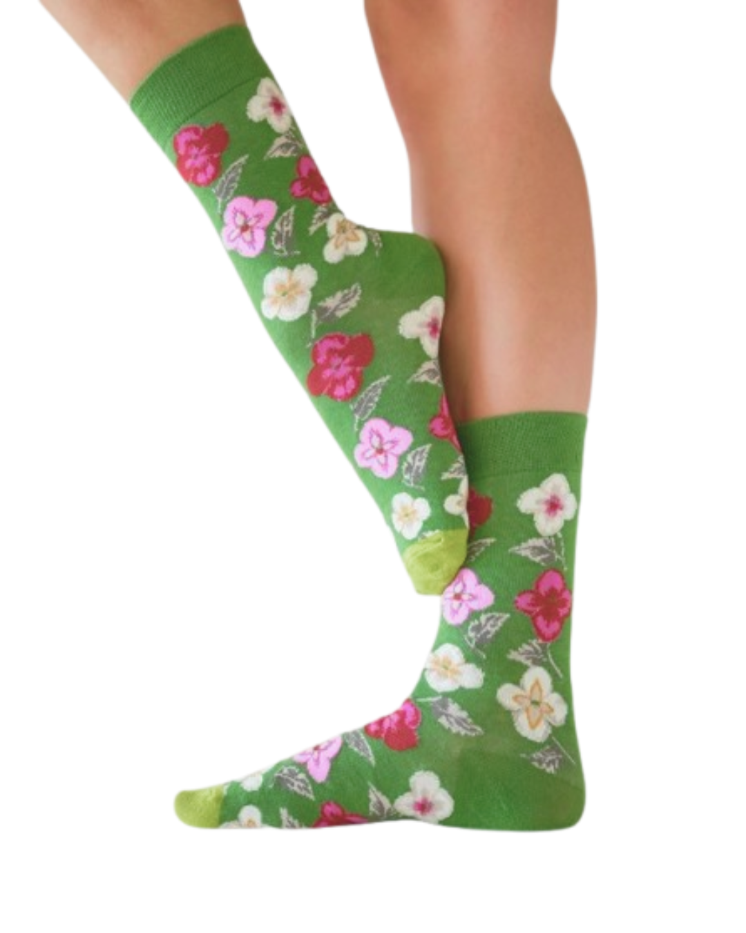 Green floral knee-high socks on a white background