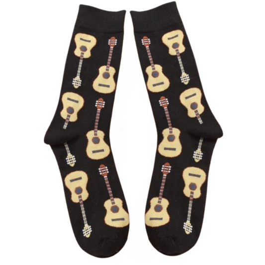 Black socks with golden guitar print  crew-length, size medium
