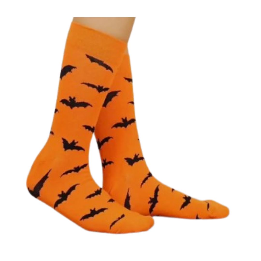 Orange socks with black bat patterns on a white background