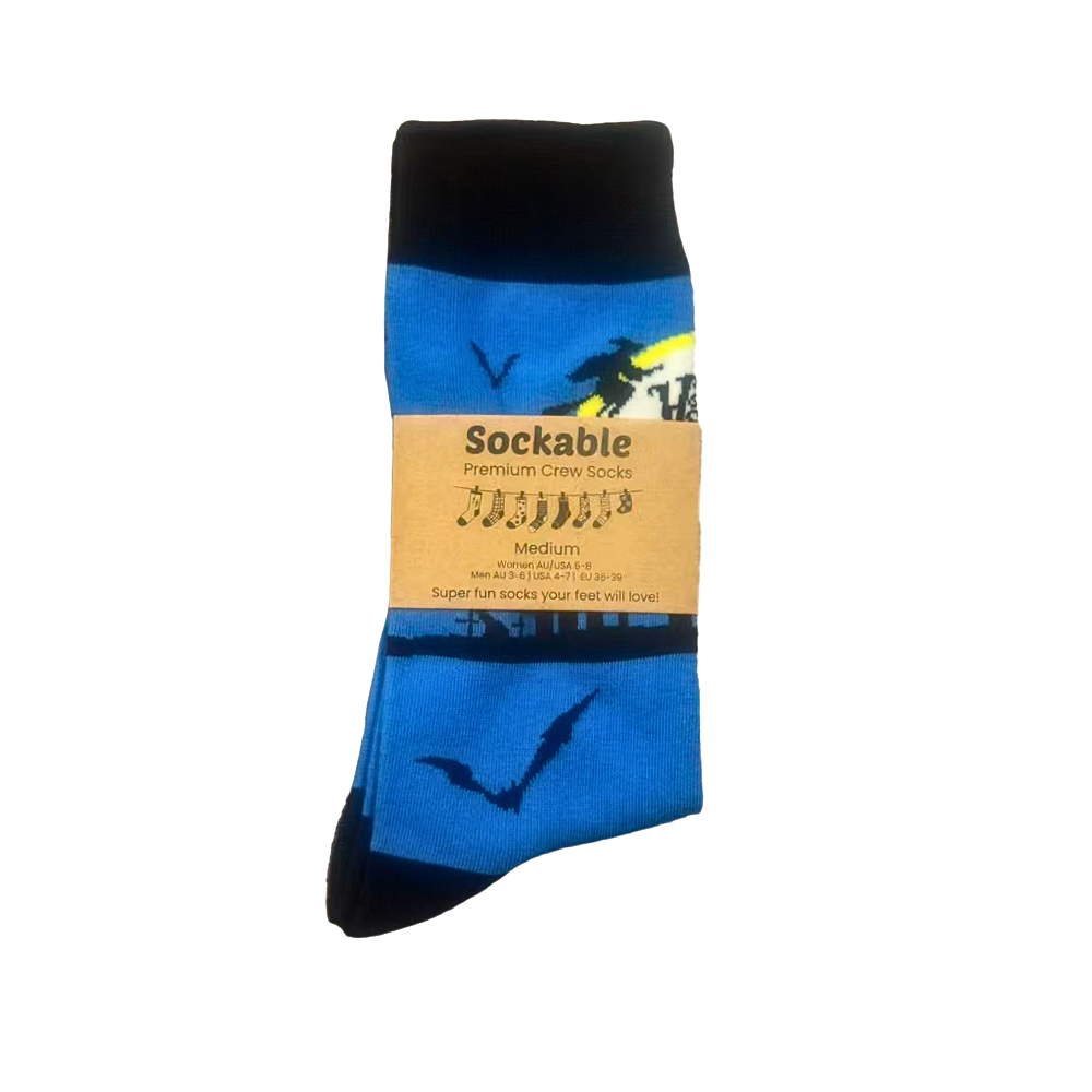 Blue and black Halloween sock with 'Sockable' packaging on a white background